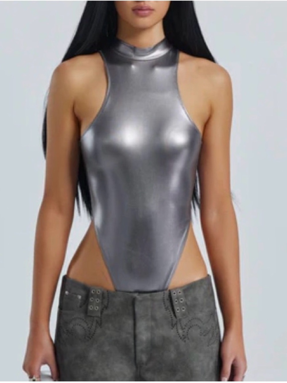 The Kript Silver Metallic Bodysuit Sleeveless High Neck Size Large NWT